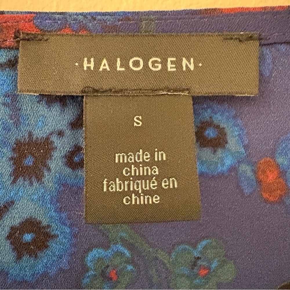 Halogen Nordstrom Blue Floral Surplice Wrap Blouse Small Long Sleeve Top - Picture 3 of 4
